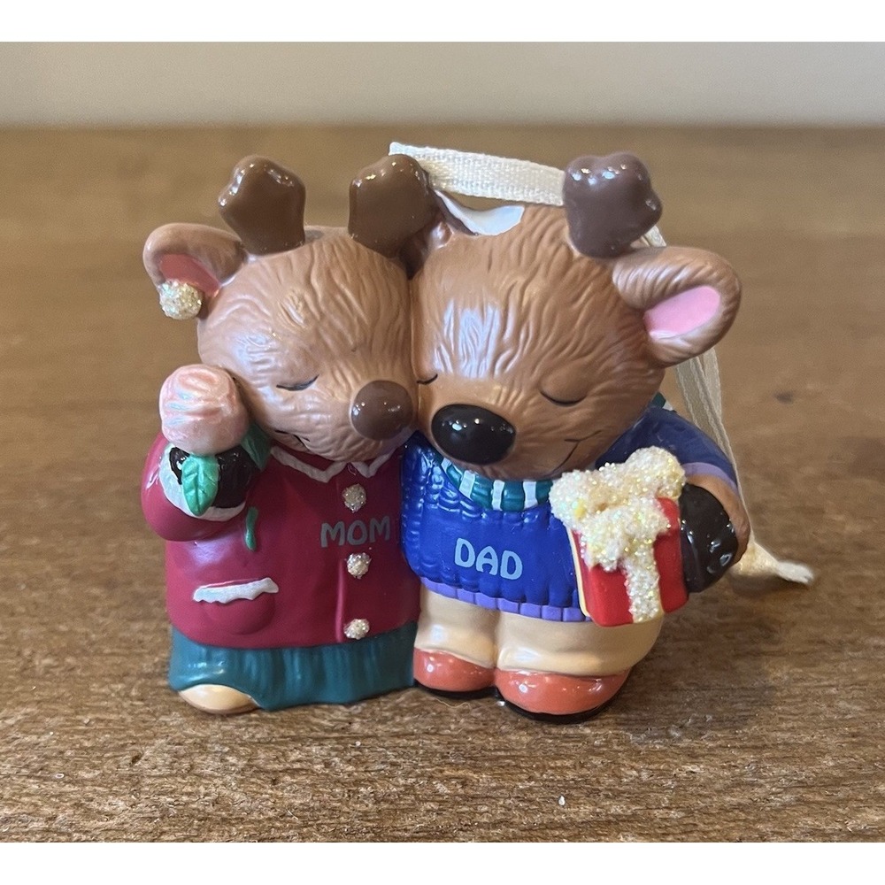 VTG 2000 Hallmark Mom Dad Reindeer Christmas Ornament Keepsake Porcelain FLAW